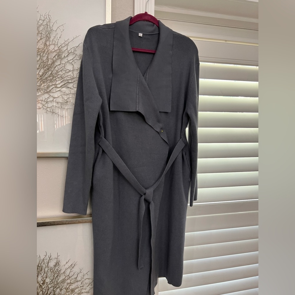 Dark Grey long cardigan sweater with attached belt. XL.
